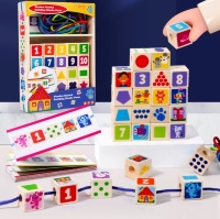 Cuburi din Lemn cu Imagini, joc Montessori de Construit și Șnuruit
