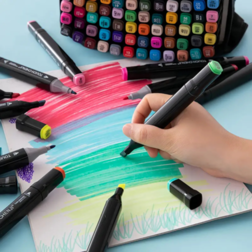 Set de 60 Markere Colorate Dublu Vârf cu Husă Practică