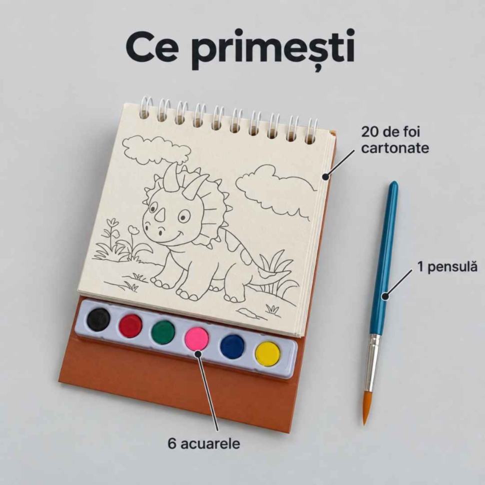 Conținutul setului de pictură: carte cu 20 de foi, 6 acuarele și o pensulă