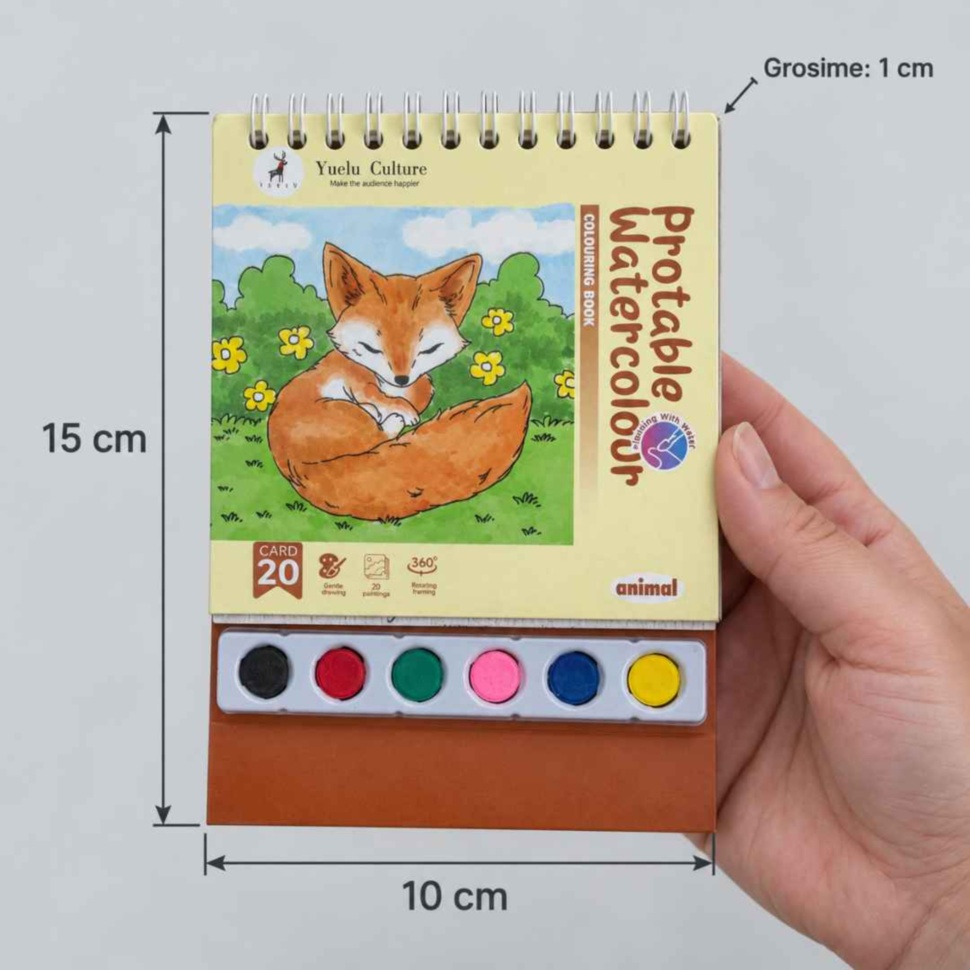 Dimensiunile cărții de pictat cu acuarele: 15 × 10 × 1 cm