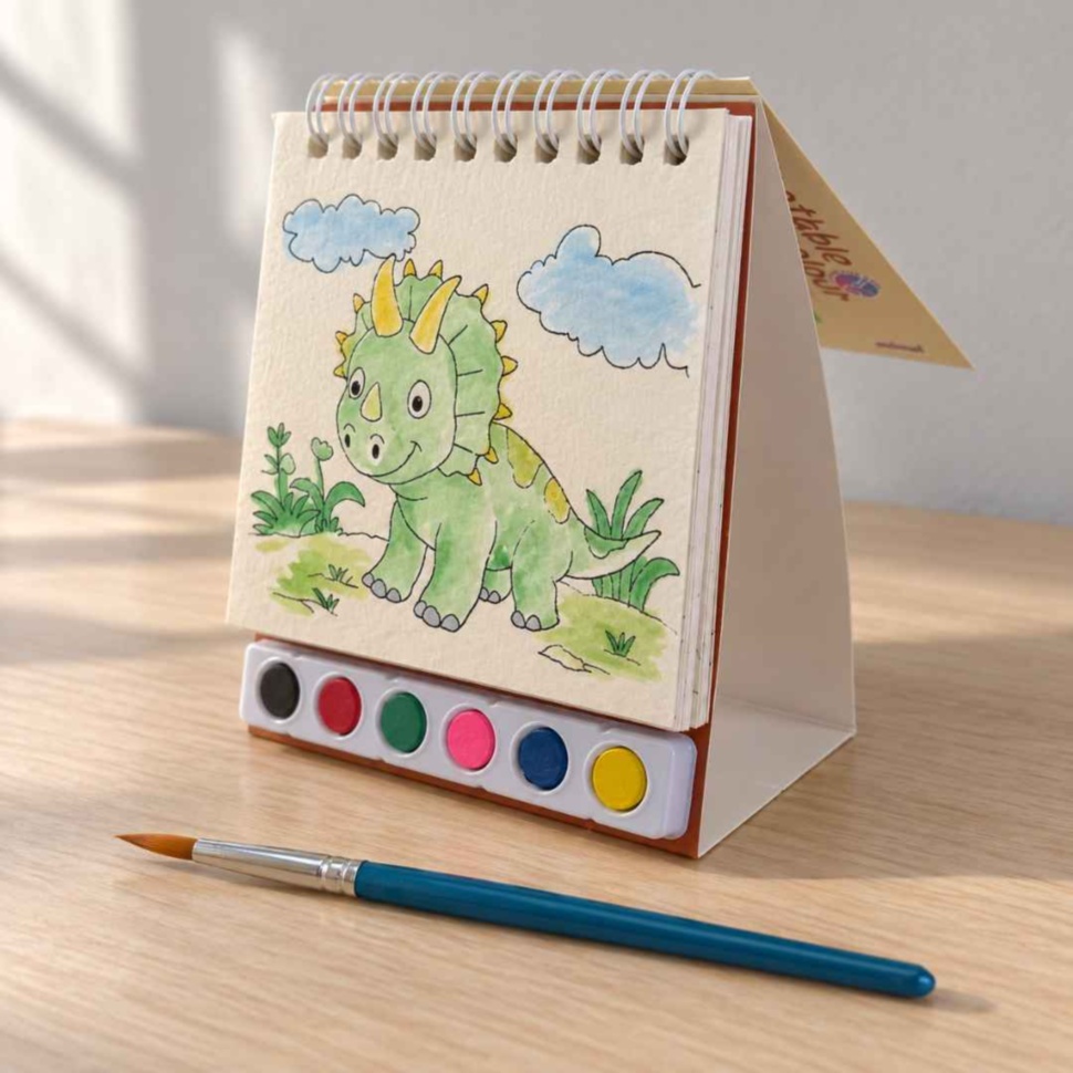 Cartea de pictat așezată vertical pe suportul pliabil integrat, cu desenul colorat la vedere