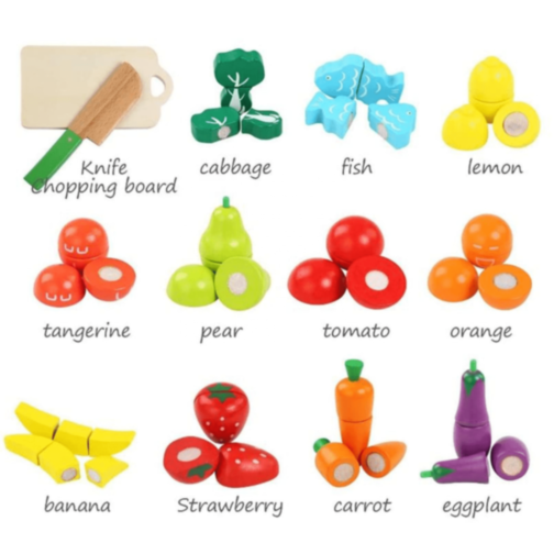Set Fructe și Legume din Lemn de Tăiat – 27 piese
