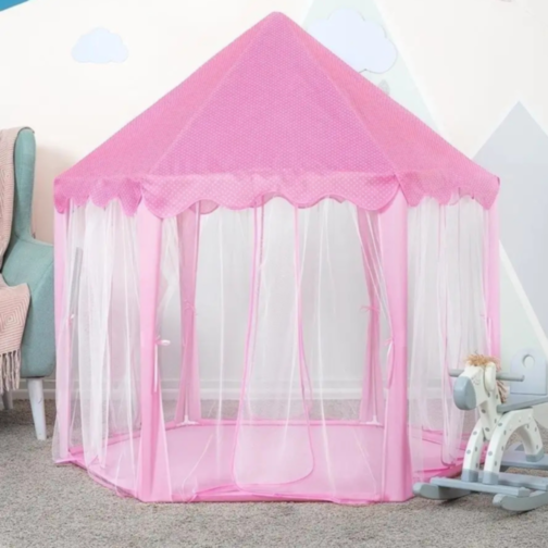 Căsuță de Joacă Tip Cort Roz pentru Copii, Design de Castel cu Plasă și Decor de Prințesă 