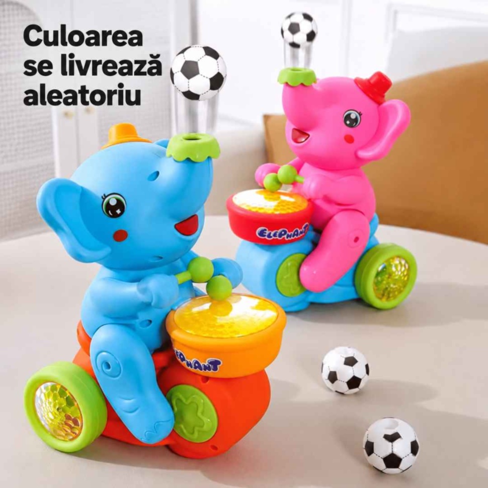 Elefant toboșar interactiv în variante albastru și roz, culoare livrată aleatoriu