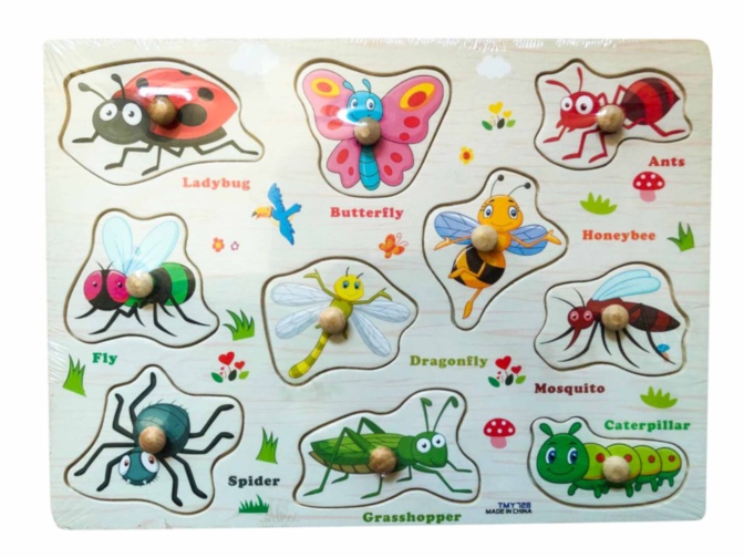 Puzzle Incastru din Lemn cu Buton "Insecte"
