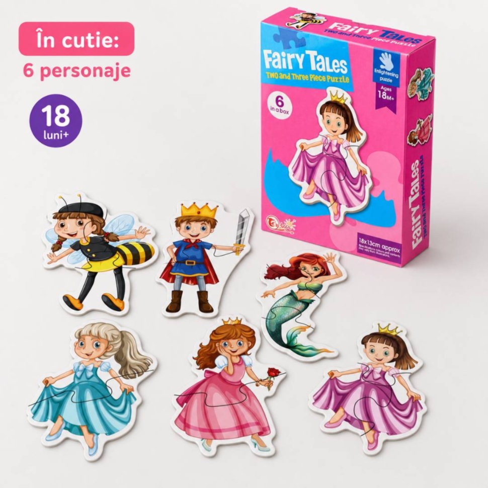În cutie sunt 6 personaje din povești pentru puzzle Montessori