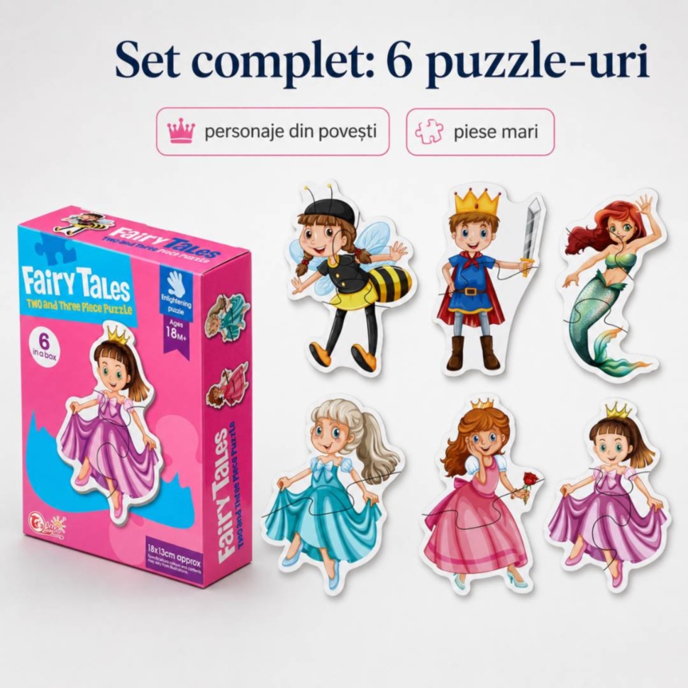 Set complet cu 6 puzzle-uri și personaje din povești pentru copii mici