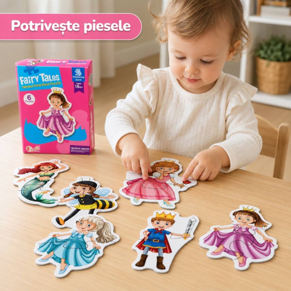 Copil potrivește piesele mari ale puzzle-ului cu personaje din povești