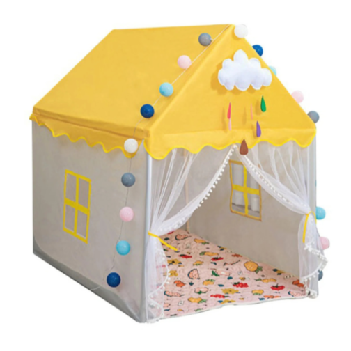 Căsuță de Joacă pentru Copii, Tip Căsuță Galbenă cu Ferestre și Draperii, Design de Poveste 