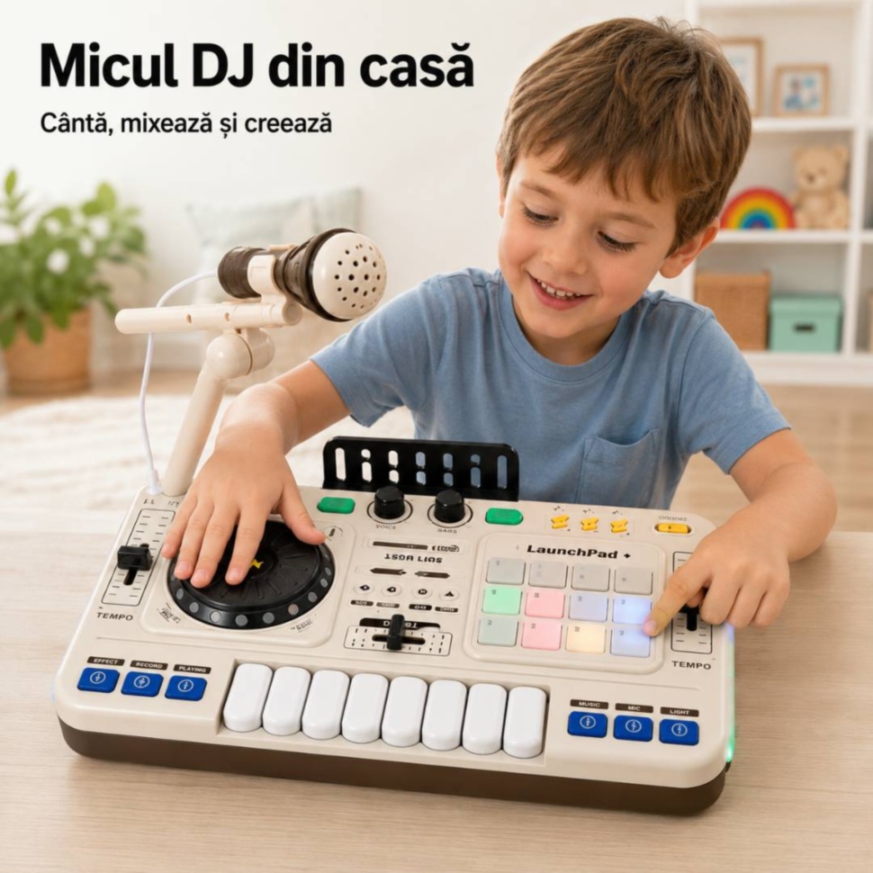 Copil se joacă acasă cu mixer DJ muzical cu microfon și lumini