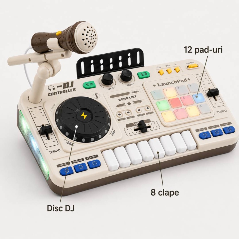 Mixer DJ pentru copii cu 12 pad-uri, 8 clape, disc DJ și microfon