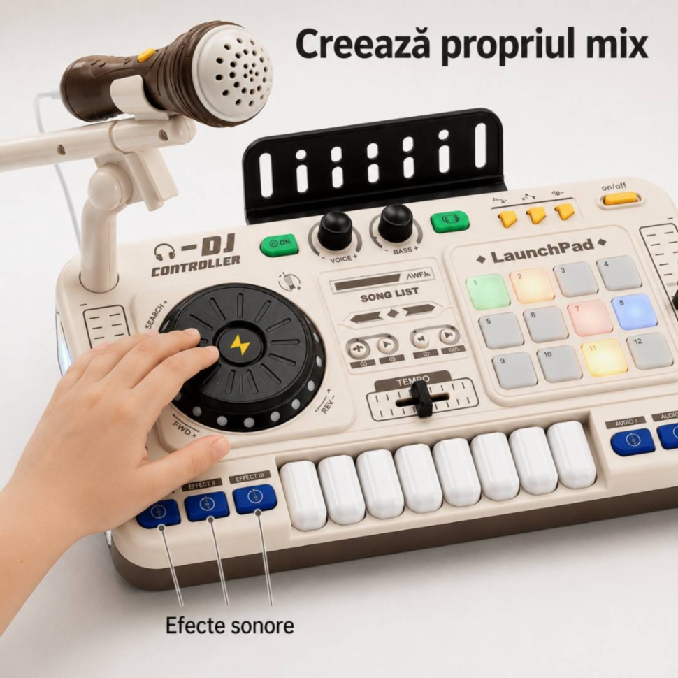 Copil creează propriul mix cu discul DJ și efectele sonore