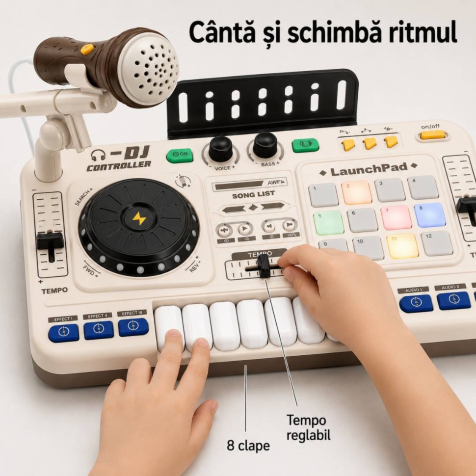 Copil cântă la cele 8 clape și schimbă tempo-ul pe mixerul DJ