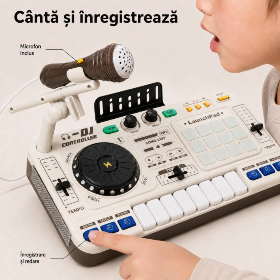 Copil cântă și înregistrează cu microfonul inclus în mixerul DJ