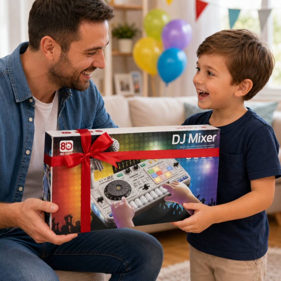 Copil primește cadou mixerul DJ muzical în cutie de prezentare
