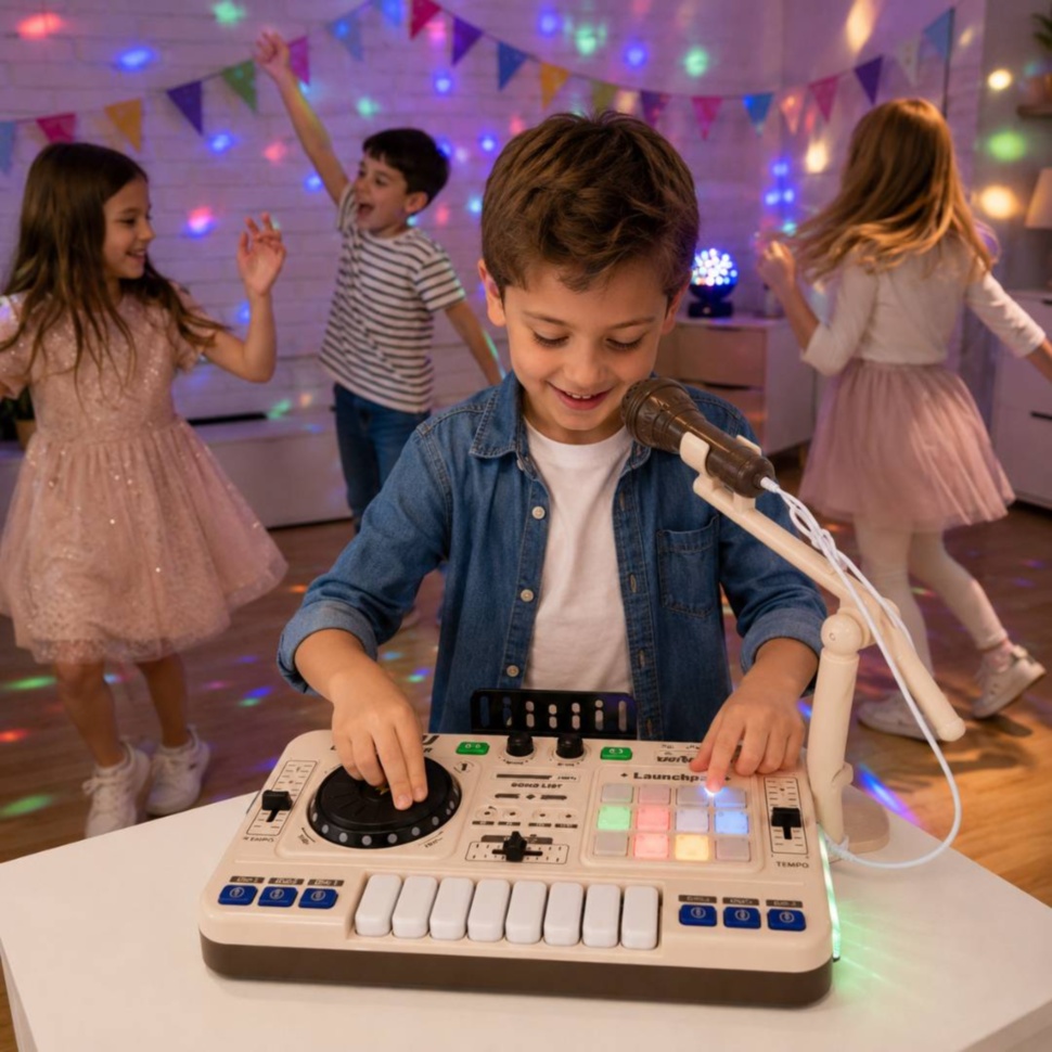 Copil mixează muzică la mixerul DJ în timp ce alți copii dansează