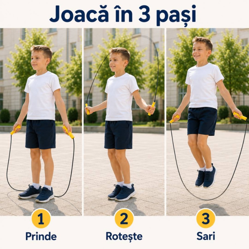 Trei pași de joacă cu coarda pentru copii: prinde, rotește și sari