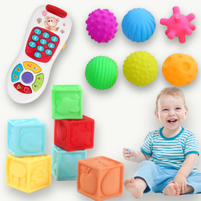 Set interactiv de jucării pentru bebeluși - Cuburi, mingi și telecomandă muzicală | image