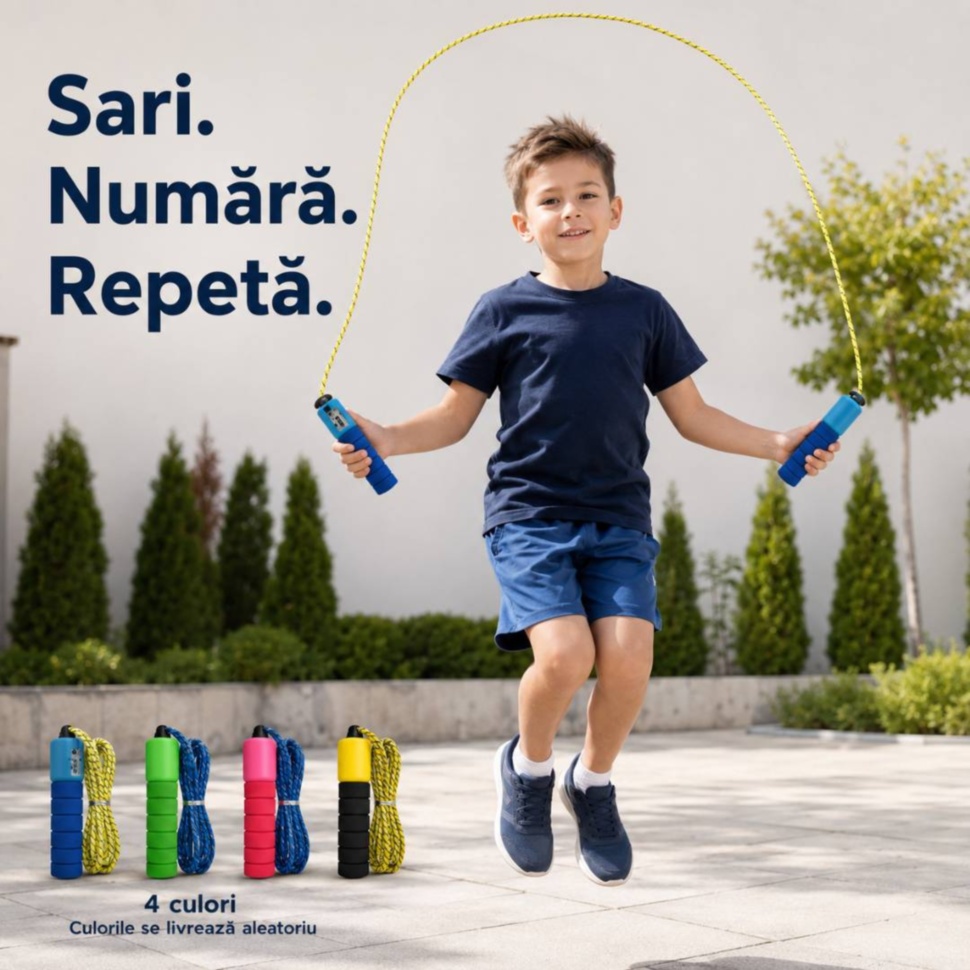 Copil sărind coarda cu contor mecanic și cele patru variante de culoare