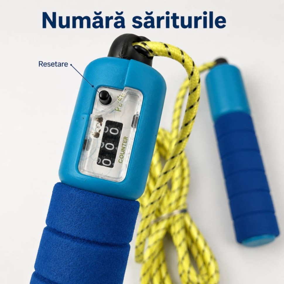 Prim-plan al contorului mecanic și al butonului de resetare de pe mâner