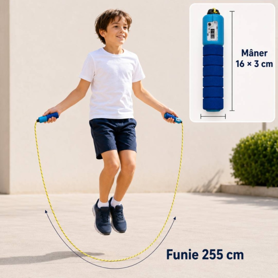 Dimensiuni coardă de sărit cu funie de 255 cm și mâner de 16 × 3 cm