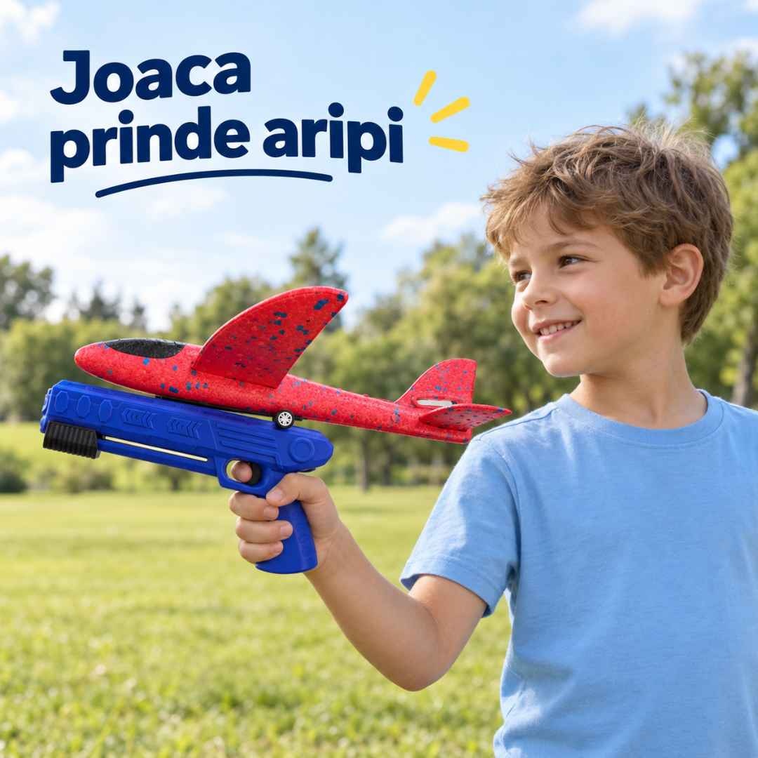Copil în parc cu avionul roșu din spumă montat pe lansatorul albastru