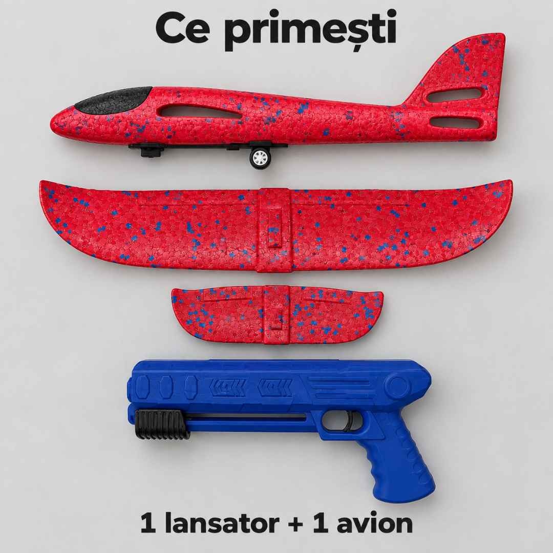 Conținutul unui set: un lansator și un avion din spumă, prezentat în cele trei piese pentru asamblare
