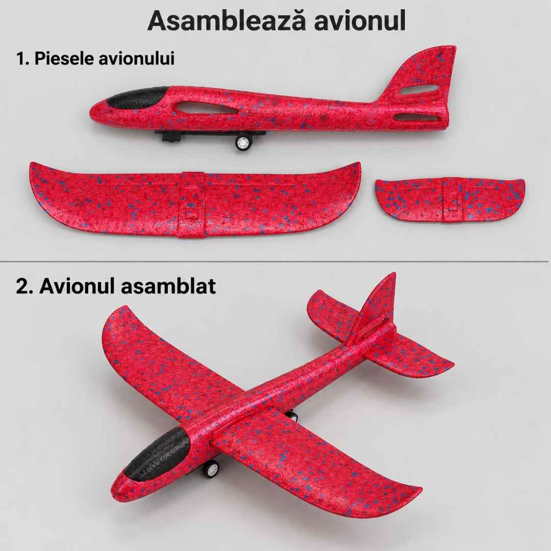 Cele trei piese ale avionului din spumă și planorul după asamblare