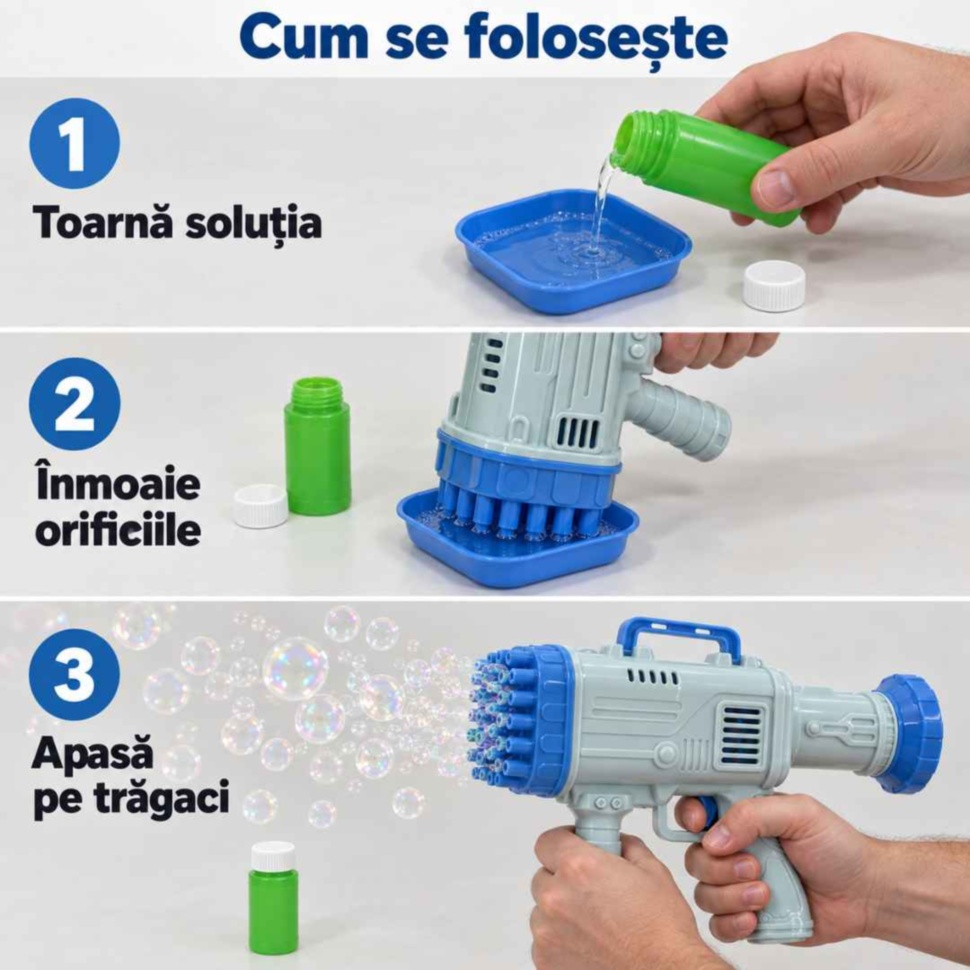 Utilizare în trei pași: torni soluția în tăviță, înmoi orificiile și apeși pe trăgaci