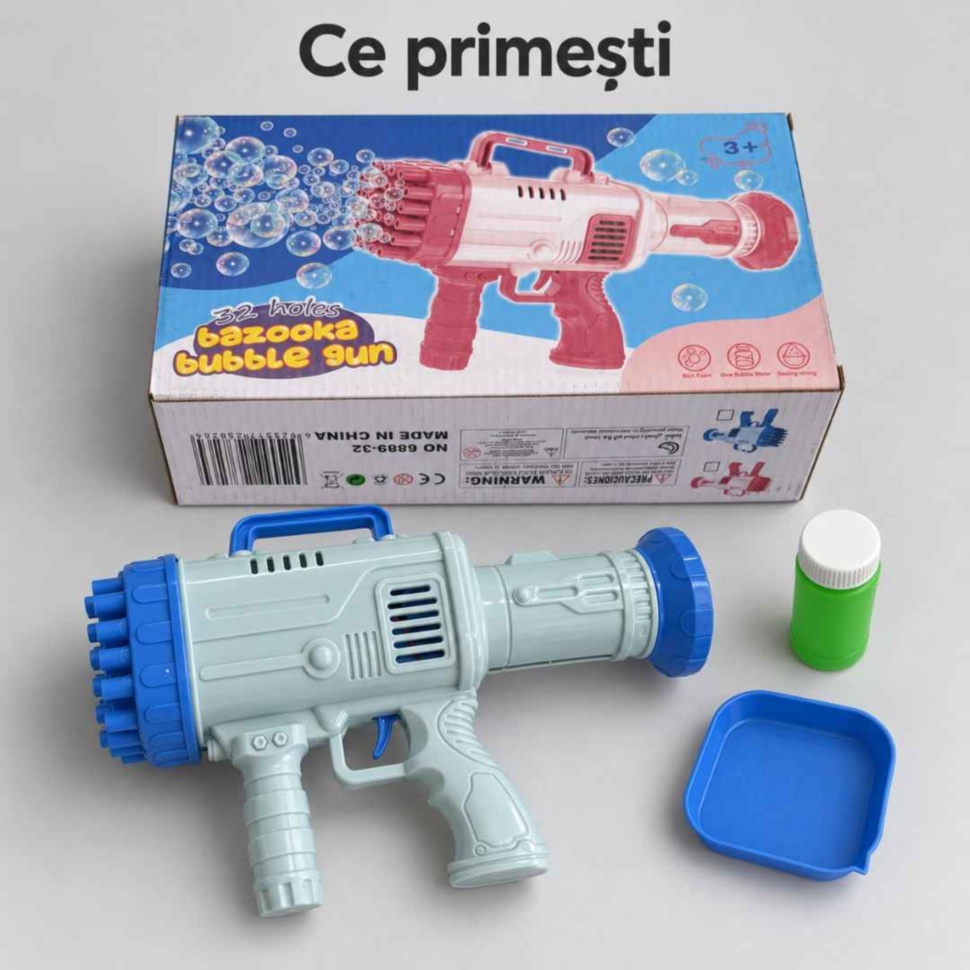Conținutul pachetului: un pistol electric de baloane, un recipient cu soluție și o tăviță, alături de cutie