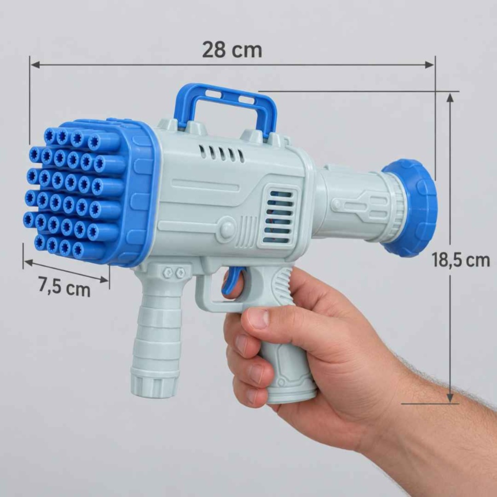 Pistol de baloane ținut în mână, cu lungimea de 28 cm și dimensiunile marcate în centimetri