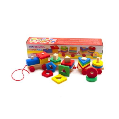 Tren din Lemn cu 4 Forme Geometrice de Stivuit, 39cm