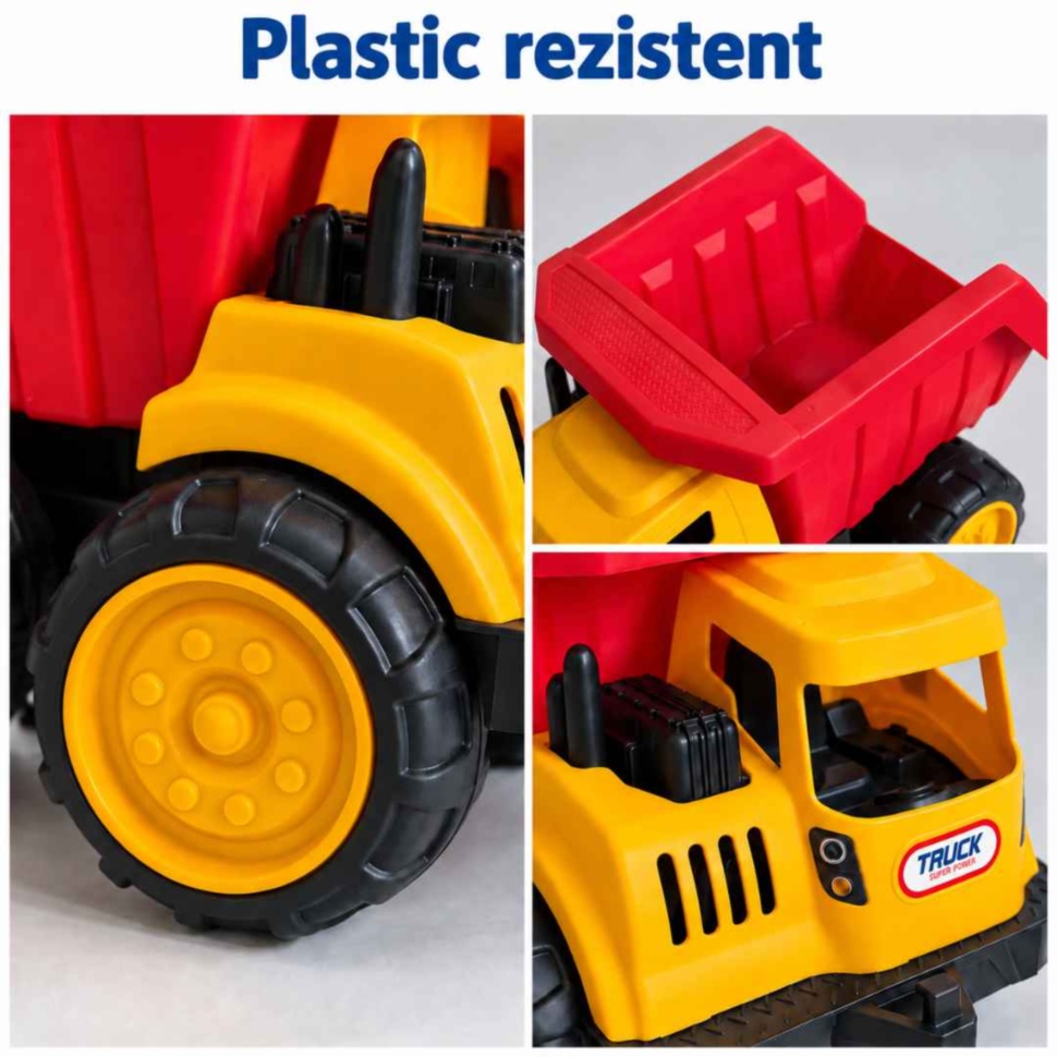Detalii ale camionului din plastic rezistent: roată mare, benă și cabină