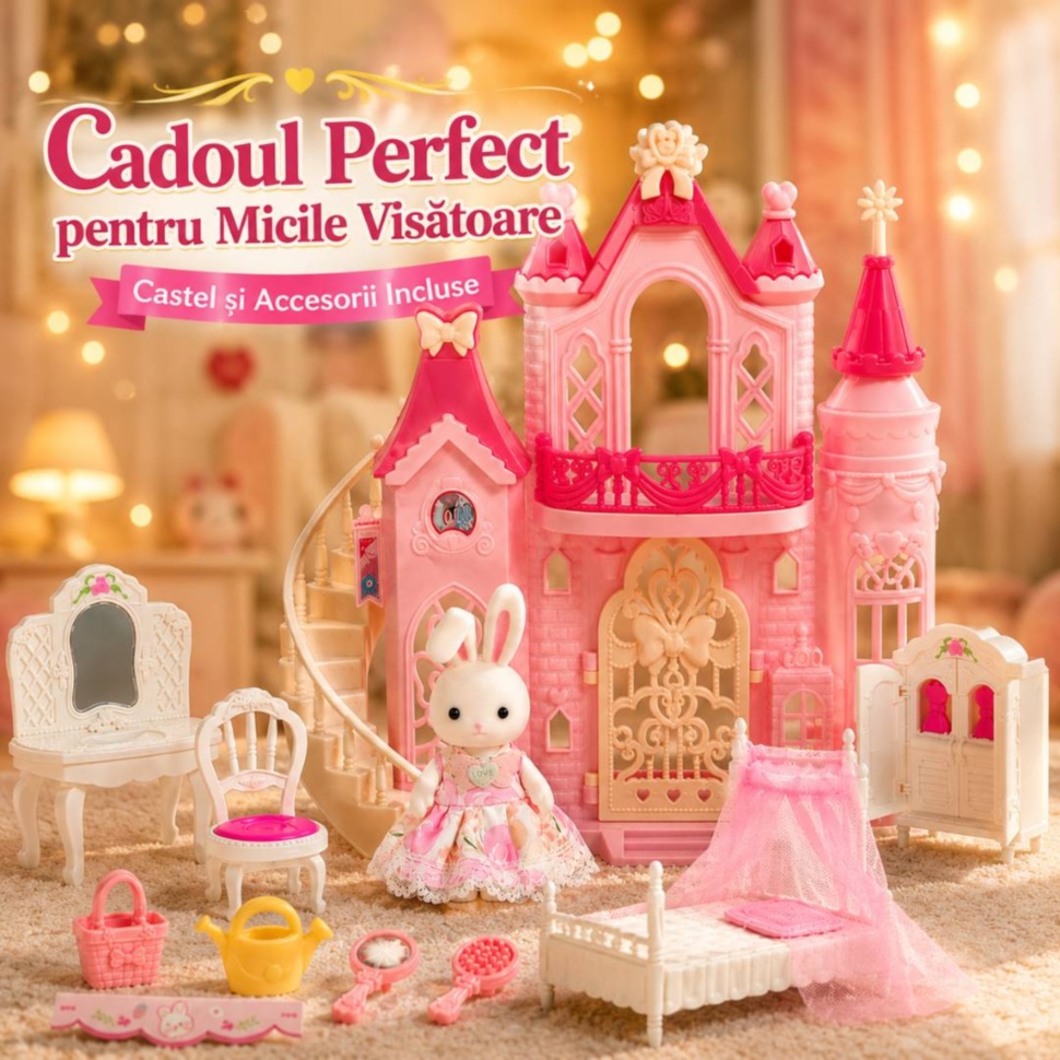 Castel roz pentru păpuși cu iepuraș și accesorii incluse