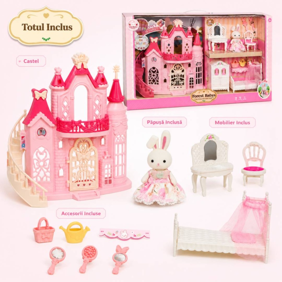 Totul inclus: castel, păpușă iepuraș, mobilier și accesorii