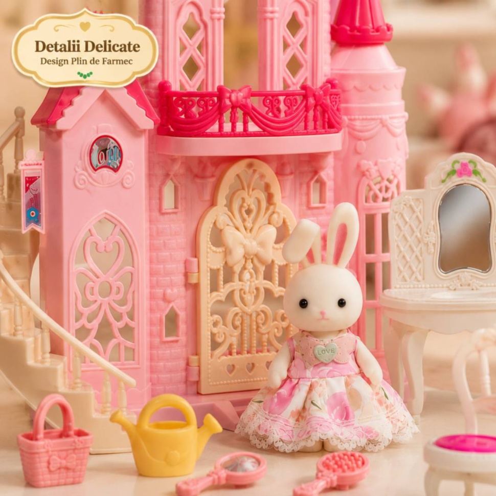 Detalii delicate castel roz cu păpușă iepuraș și accesorii