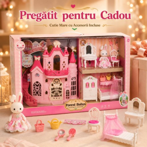 Castel Roz pentru Păpuși cu Iepuraș și Mobilier