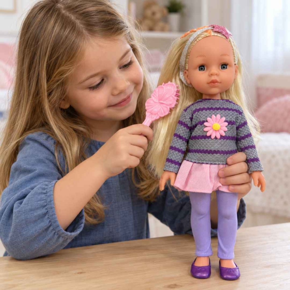 Fetiță care piaptănă părul lung al păpușii blonde cu peria roz inclusă