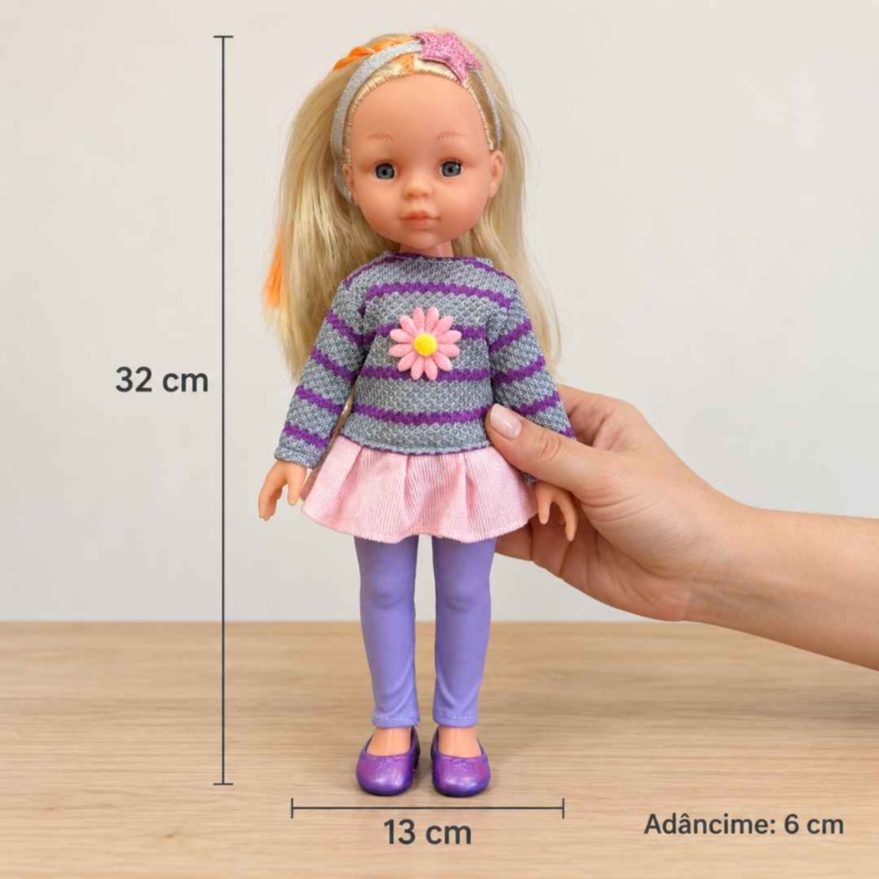 Dimensiunile păpușii fără ambalaj: 32 cm înălțime, 13 cm lățime și 6 cm adâncime