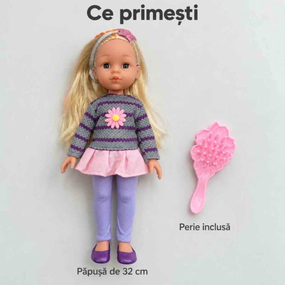 Conținutul setului: păpușă blondă de 32 cm îmbrăcată și o perie roz pentru coafat