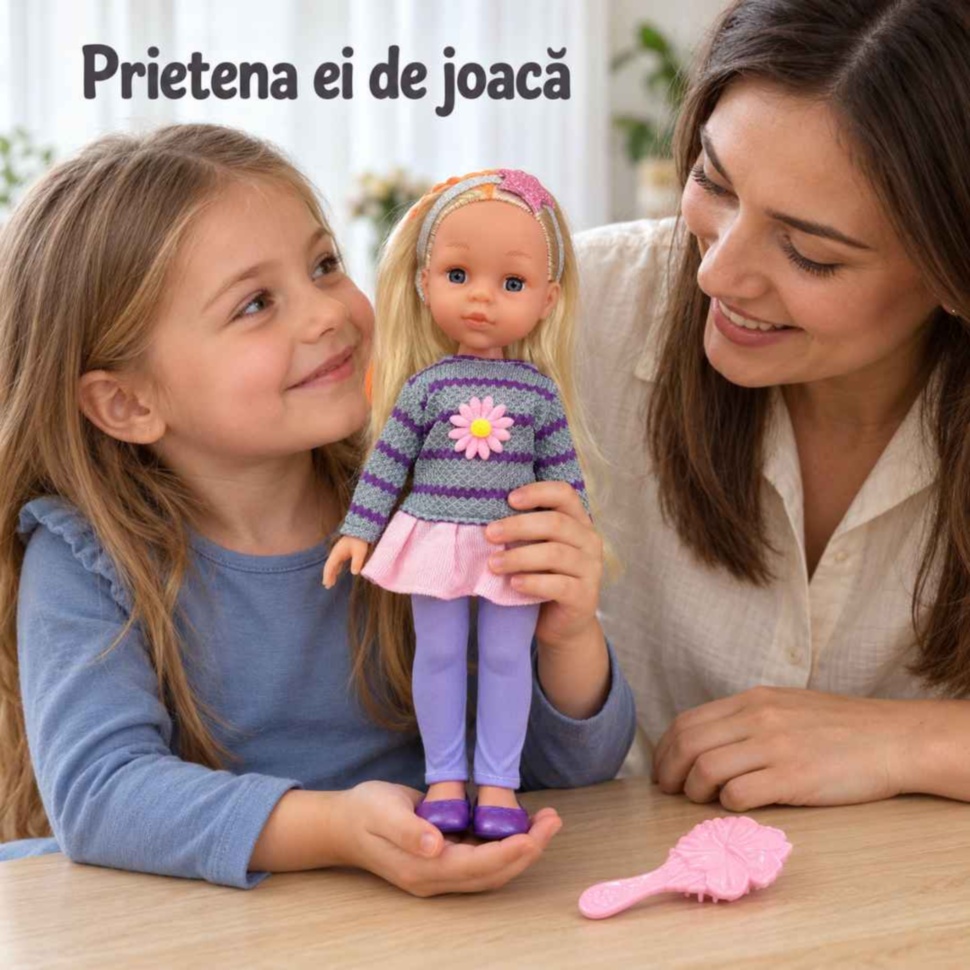 Mamă și fiică se joacă împreună cu păpușa blondă de 32 cm și peria roz