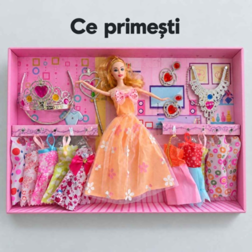Set păpușă cu rochițe și bijuterii de prințesă, 29 cm