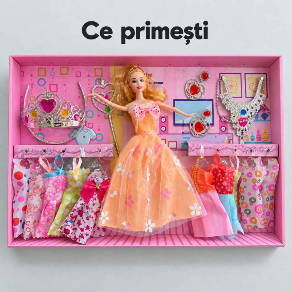 Conținutul setului cu păpușă, rochițe de schimb și accesorii de prințesă