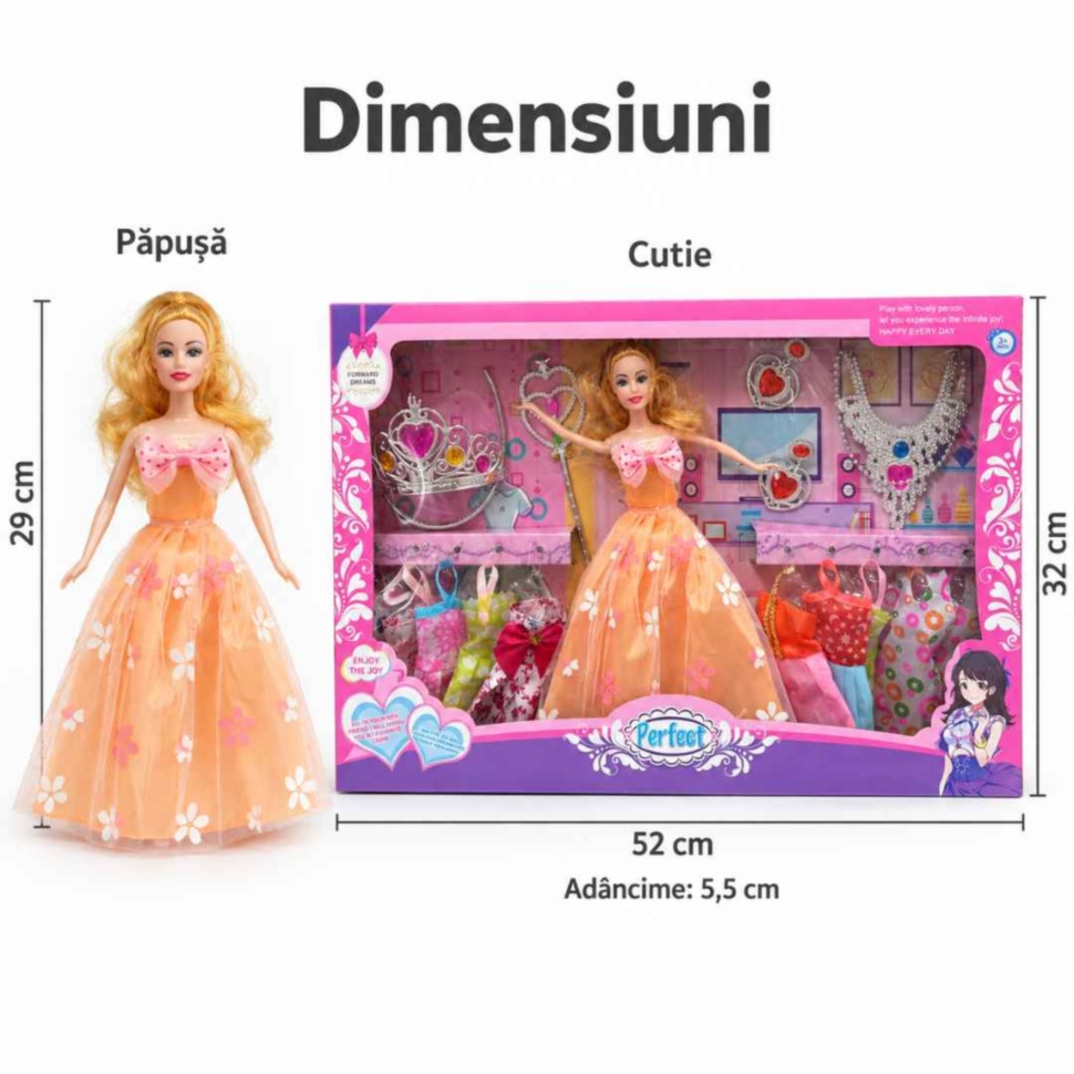Dimensiuni: păpușă de 29 cm și cutie de 52 × 32 × 5,5 cm