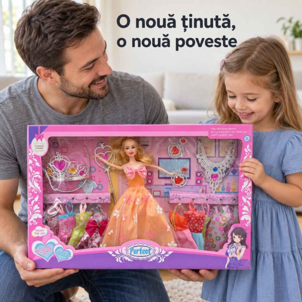 Tată și fetiță țin cutia setului cu păpușă, rochițe și bijuterii de jucărie