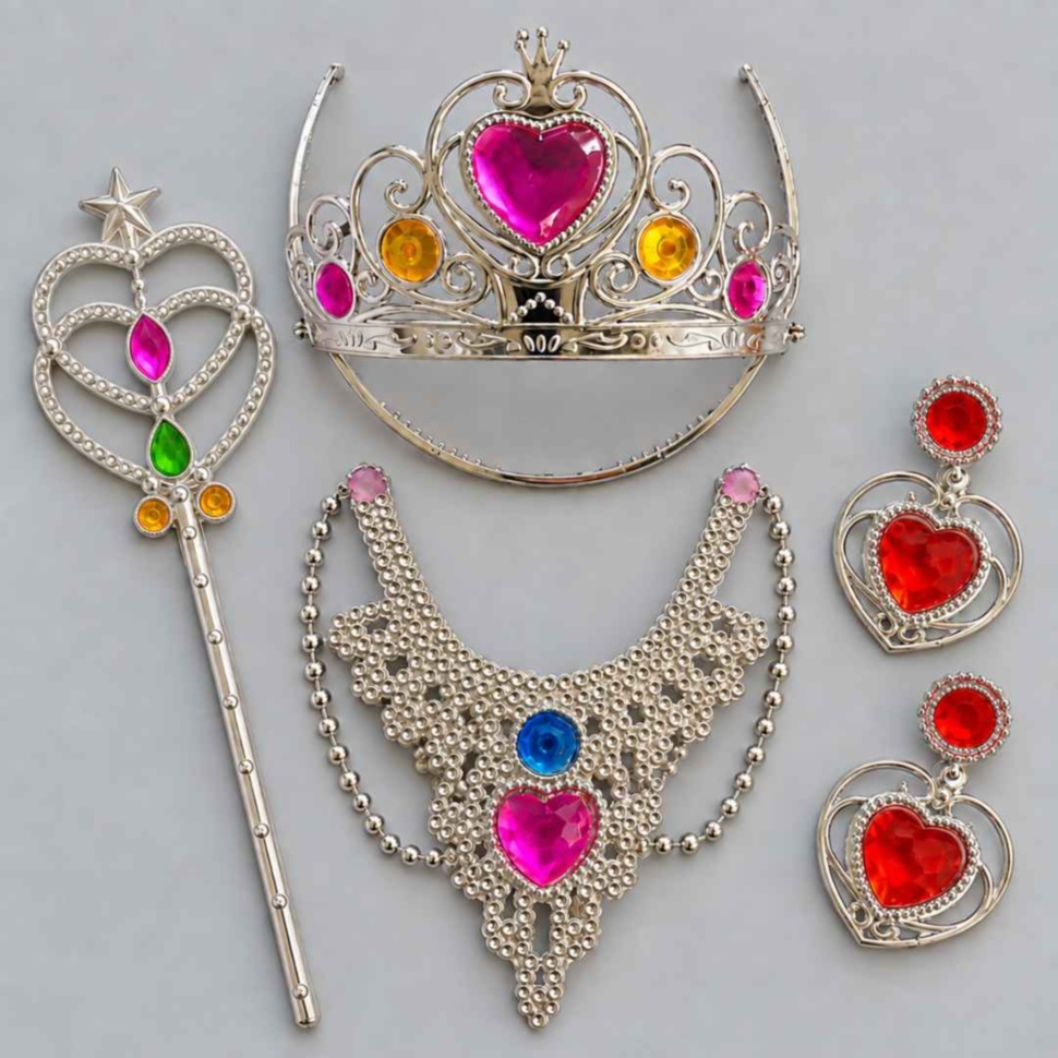 Accesoriile setului: coroniță, baghetă, colier și cercei de jucărie