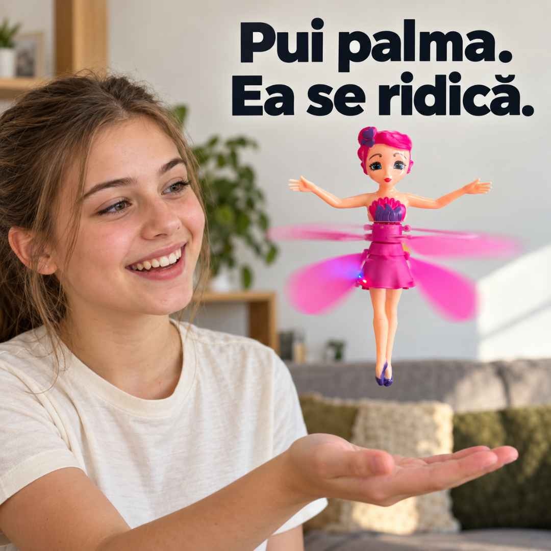 Adolescentă cu palma deschisă sub păpușa zburătoare roz, cu lumini și pale în mișcare