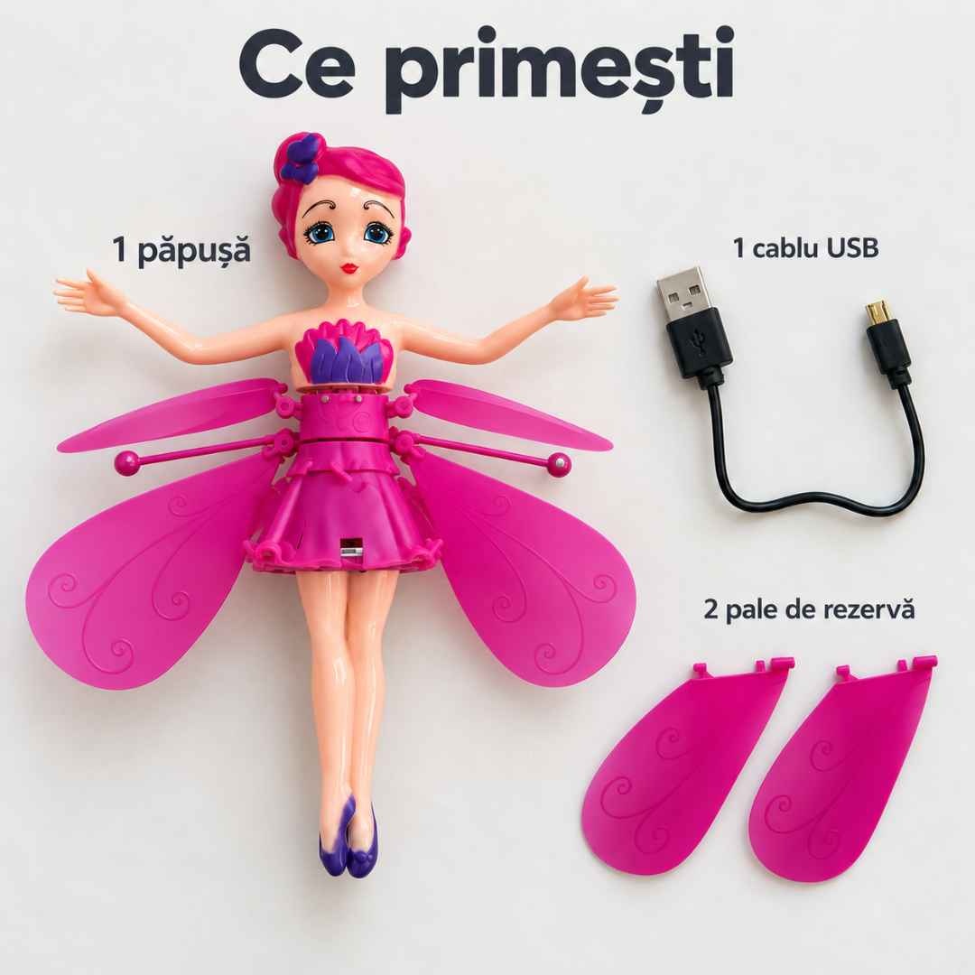 Conținutul pachetului: o păpușă zburătoare, un cablu USB și două pale de rezervă