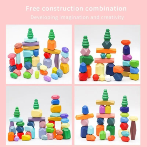 Set Pietre de Construcție și Echilibru din Lemn - Rainbow Stones Building, 38 Piese