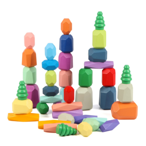 Set Pietre de Construcție și Echilibru din Lemn - Rainbow Stones Building, 38 Piese